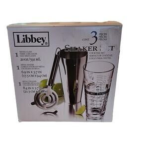 New Libbey Bartender Shaker‎ Set 3 Piece Mixing Glass Strainer Drink Recipes